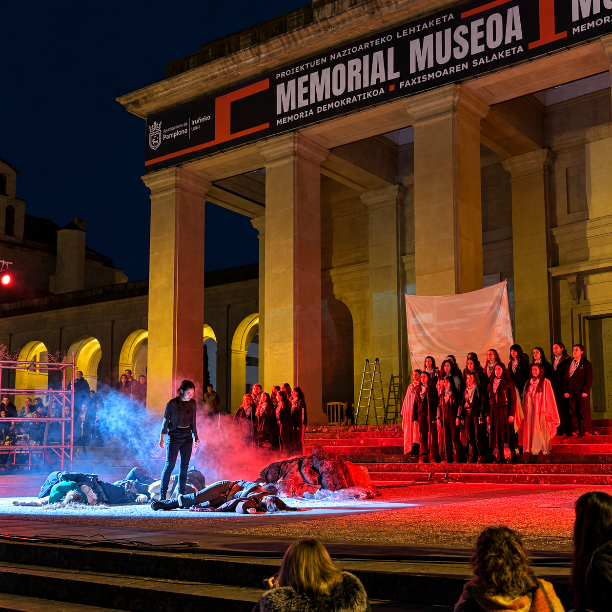Representación escénica nocturna frente al Memorial Museoa.